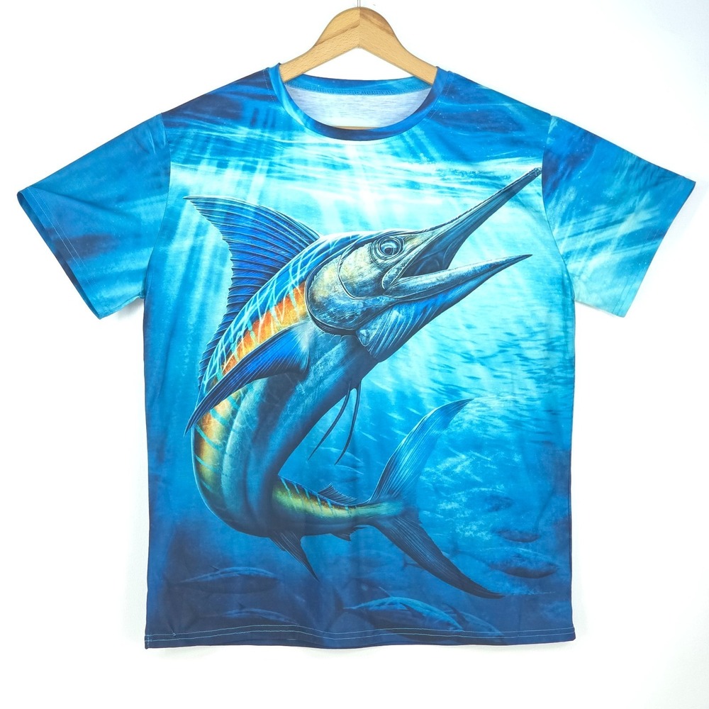 Marlin Mega Print T-Shirt Mens Large AOP All Over Print Double Sided Colorful‎